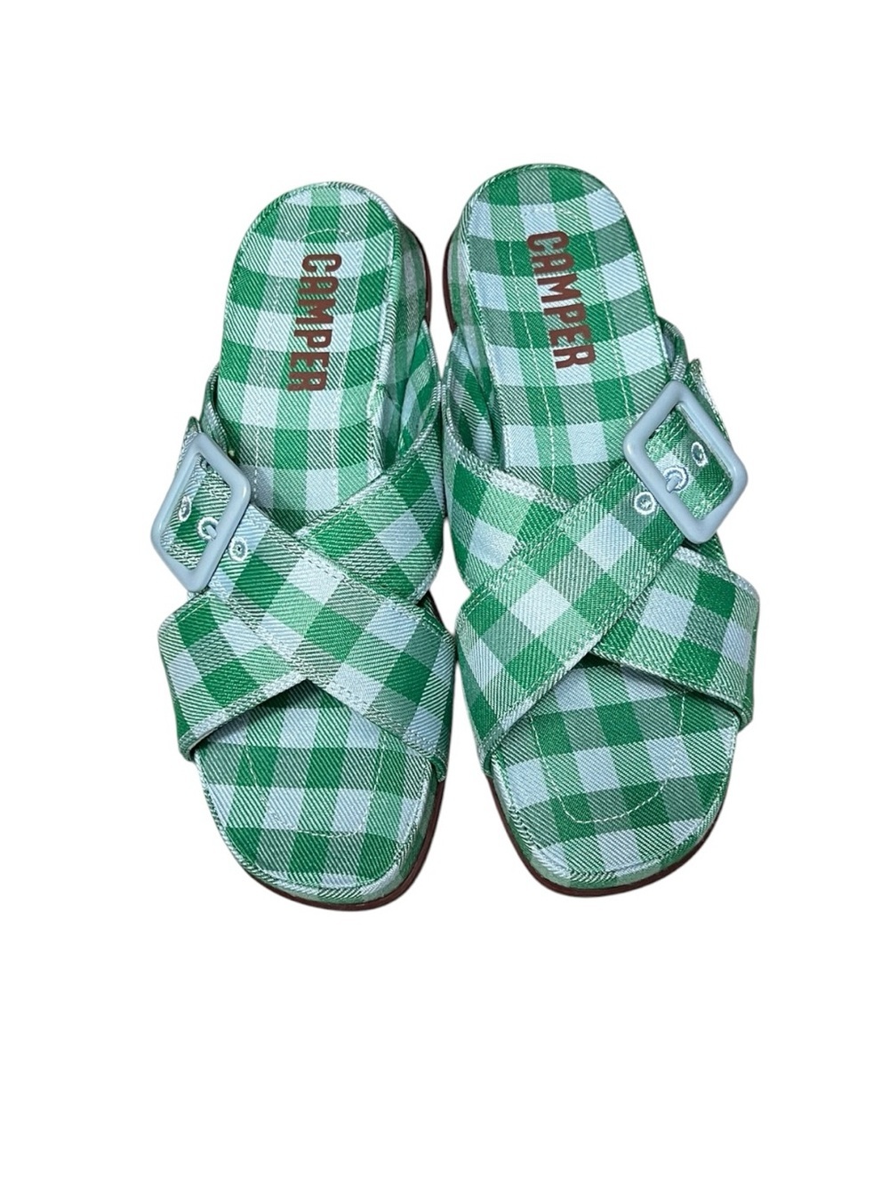 🌻NEW w/box Camper Green Atonik Gingham Check Sandals Open Toe Size 37 = US 7